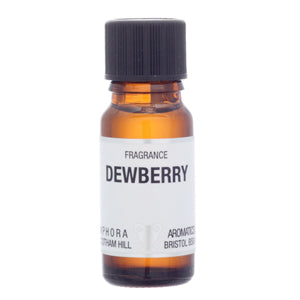 Small amber glass bottle with a black cap labeled 'Dewberry' on a white background