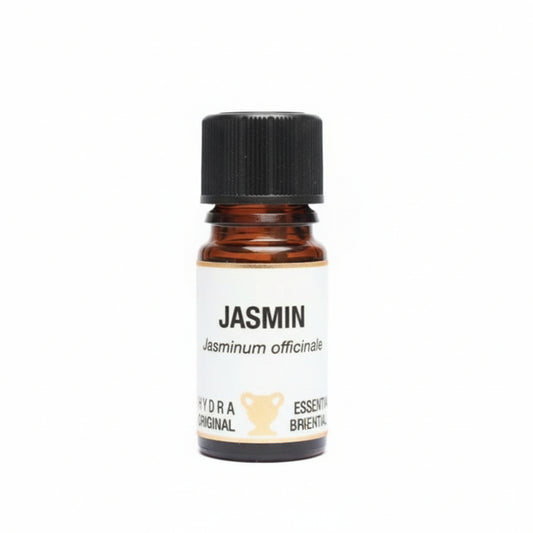 Bottle of Jasmin essential oil with a white label on a white background