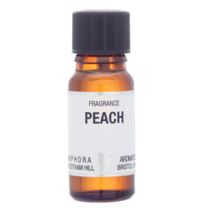 Amber glass bottle with black cap labeled 'Peach' on a white background