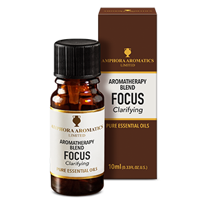 Amphora Aromatics Focus Clarifying essential oil bottle and packaging on a white background