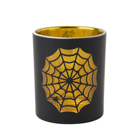Black candle holder with gold spider web design on a white background