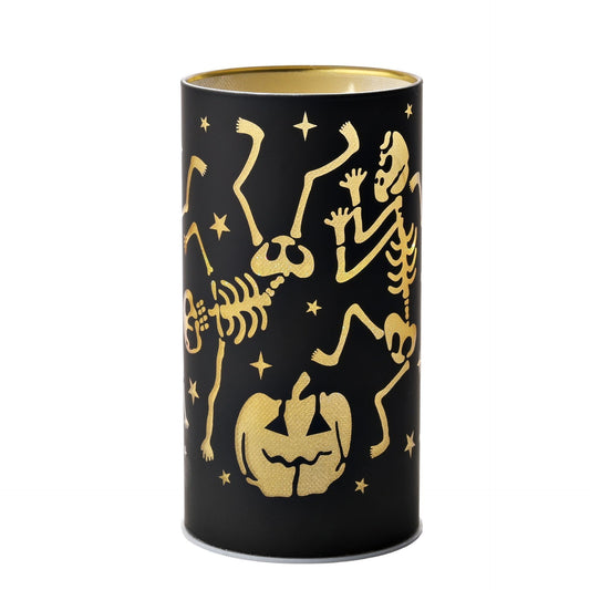 Black cylindrical vase with gold skeleton and pumpkin patterns on a white background