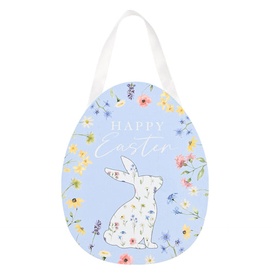 Easter egg-shaped sign with a bunny and flowers on a blue background