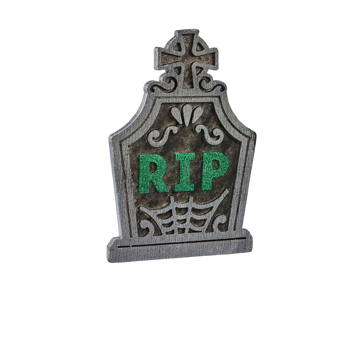 A Halloween tombstone decoration with a weathered gray and brown textured finish, featuring green glittery 'RIP' lettering and a small spiderweb design at the bottom.