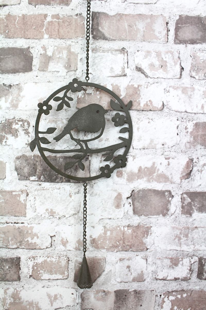 Robin Metal Wall Hanging Decoration | Circular silhouette design with bird, chain, and hanging bell | Garden or indoor metal art UK