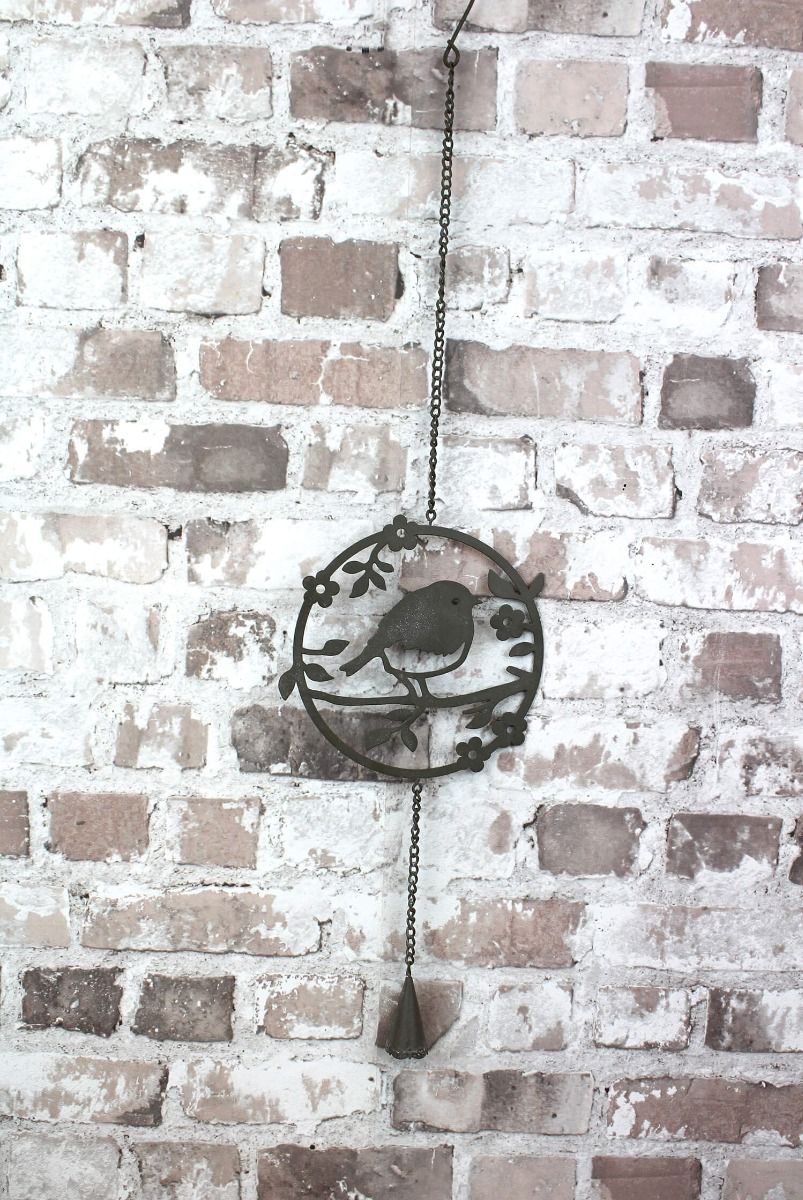 Robin Metal Wall Hanging Decoration | Circular silhouette design with bird, chain, and hanging bell | Garden or indoor metal art UK