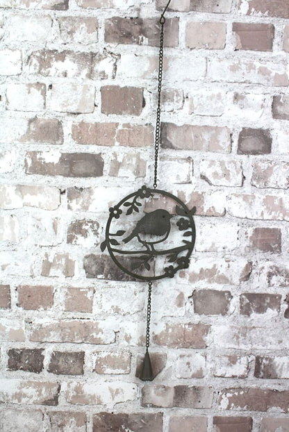 Robin Metal Wall Hanging Decoration | Circular silhouette design with bird, chain, and hanging bell | Garden or indoor metal art UK