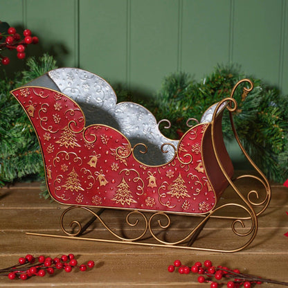 Red and gold metal Christmas sleigh decoration | Large festive ornament with embossed Christmas tree and snowflake pattern | Seasonal display UK