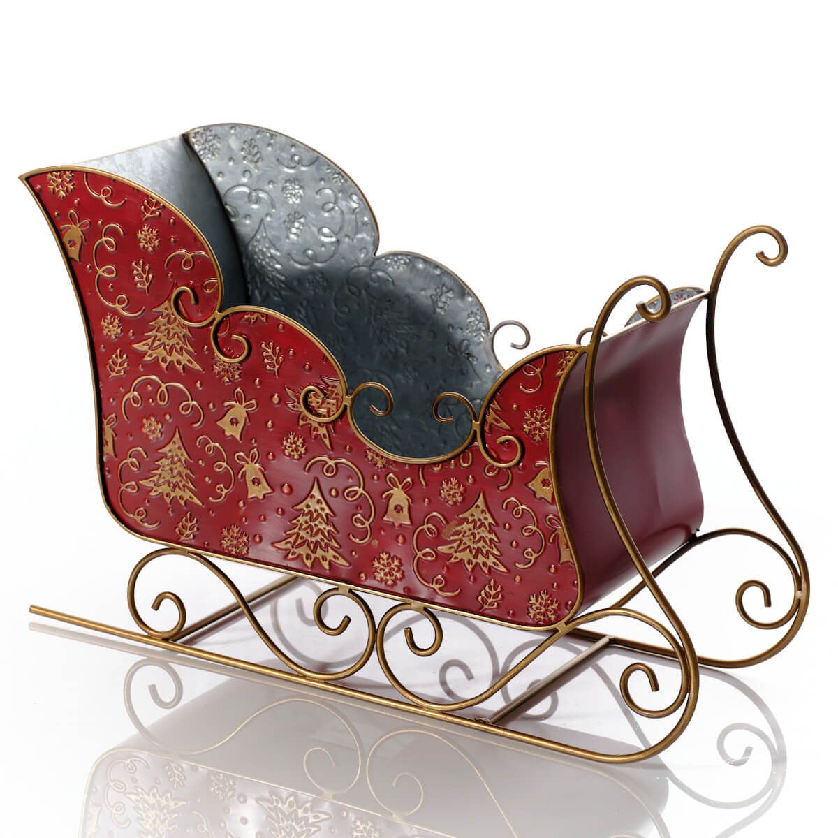 Red and gold metal Christmas sleigh decoration | Large festive ornament with embossed Christmas tree and snowflake pattern | Seasonal display UK