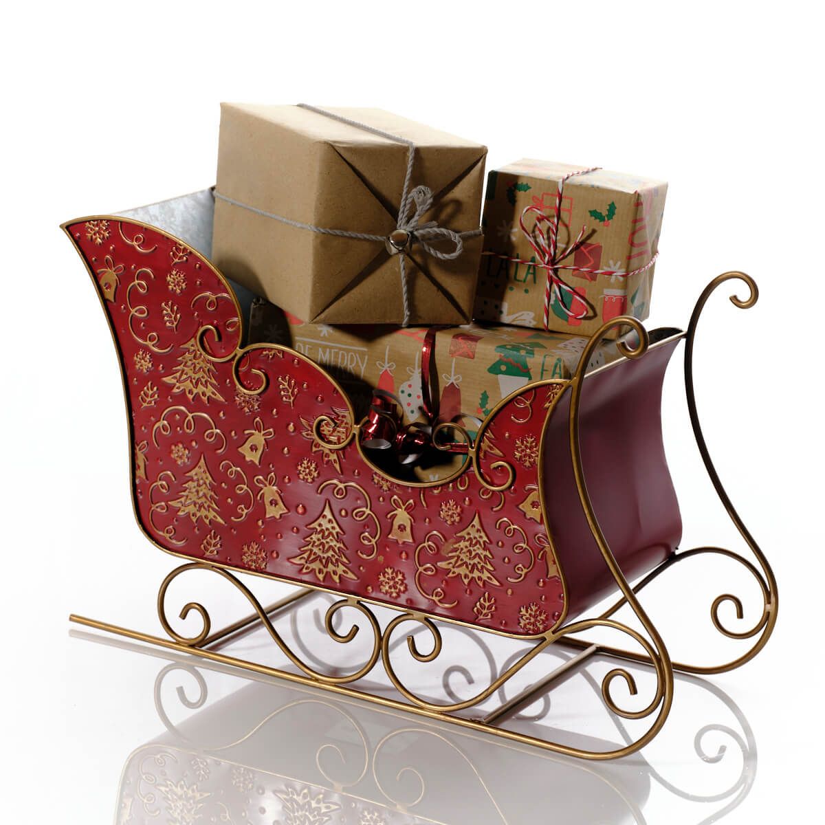 Red and gold metal Christmas sleigh decoration | Large festive ornament with embossed Christmas tree and snowflake pattern | Seasonal display UK