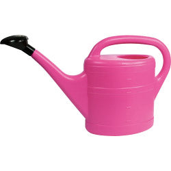 Pink plastic watering can with large handle and black rose head | 10 Litre garden watering equipment UK