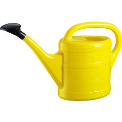 Yellow plastic watering can with large handle and black rose head | 10 Litre garden watering equipment UK