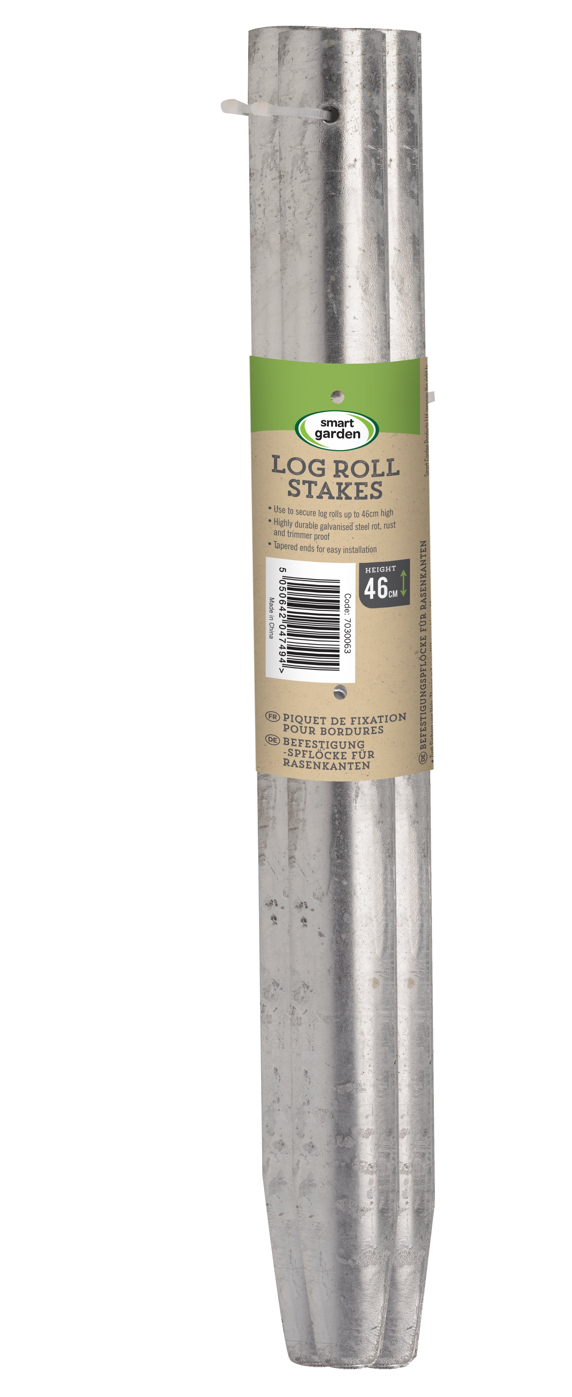 Metal log roll stakes with packaging on a white background
