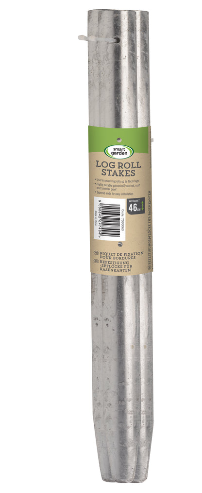 Metal log roll stakes with packaging on a white background