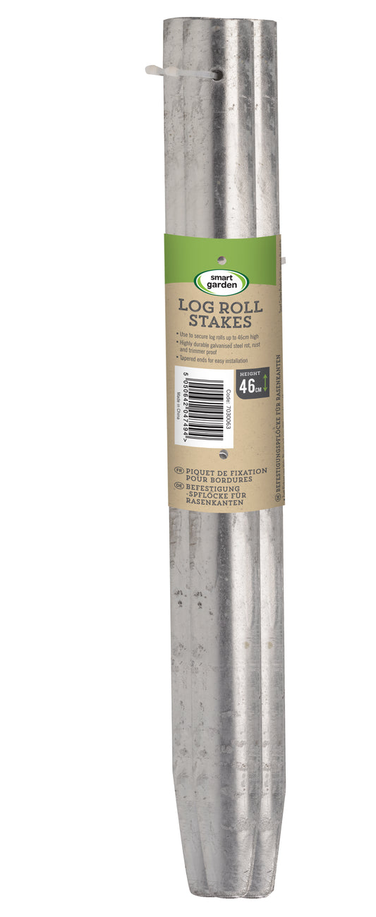 Metal log roll stakes with packaging on a white background