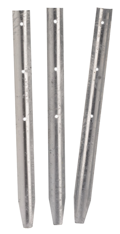 Three metal tent stakes on a white background