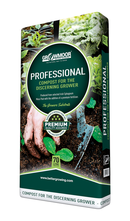 Growmoor compost packaging with branding and product description on a white background