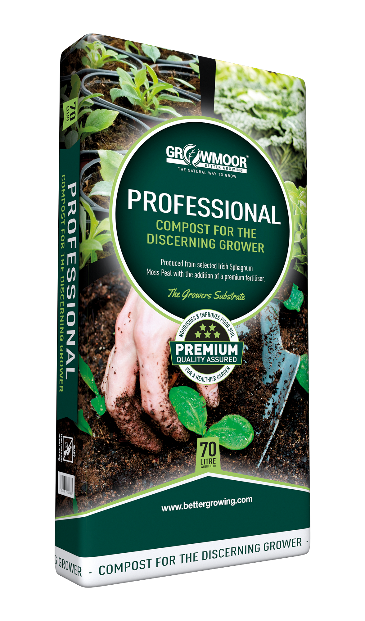 Gro-avmoor professional compost packaging with images of hands and plants on a white background