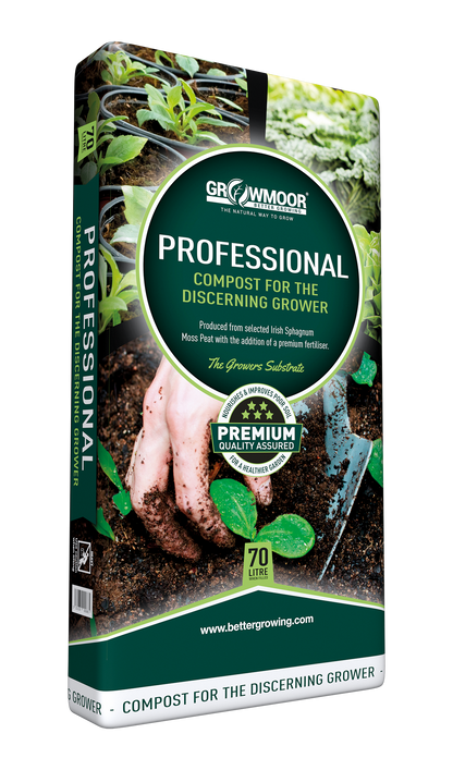 Gro-avmoor professional compost packaging with images of hands and plants on a white background
