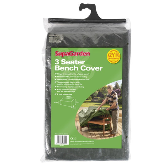 SupaGarden 3 Seater Bench Cover packaging with a man using the cover on a bench.