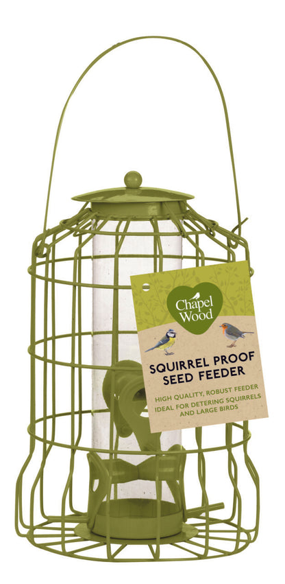 Green squirrel proof seed feeder with Chapel Wood label on a white background