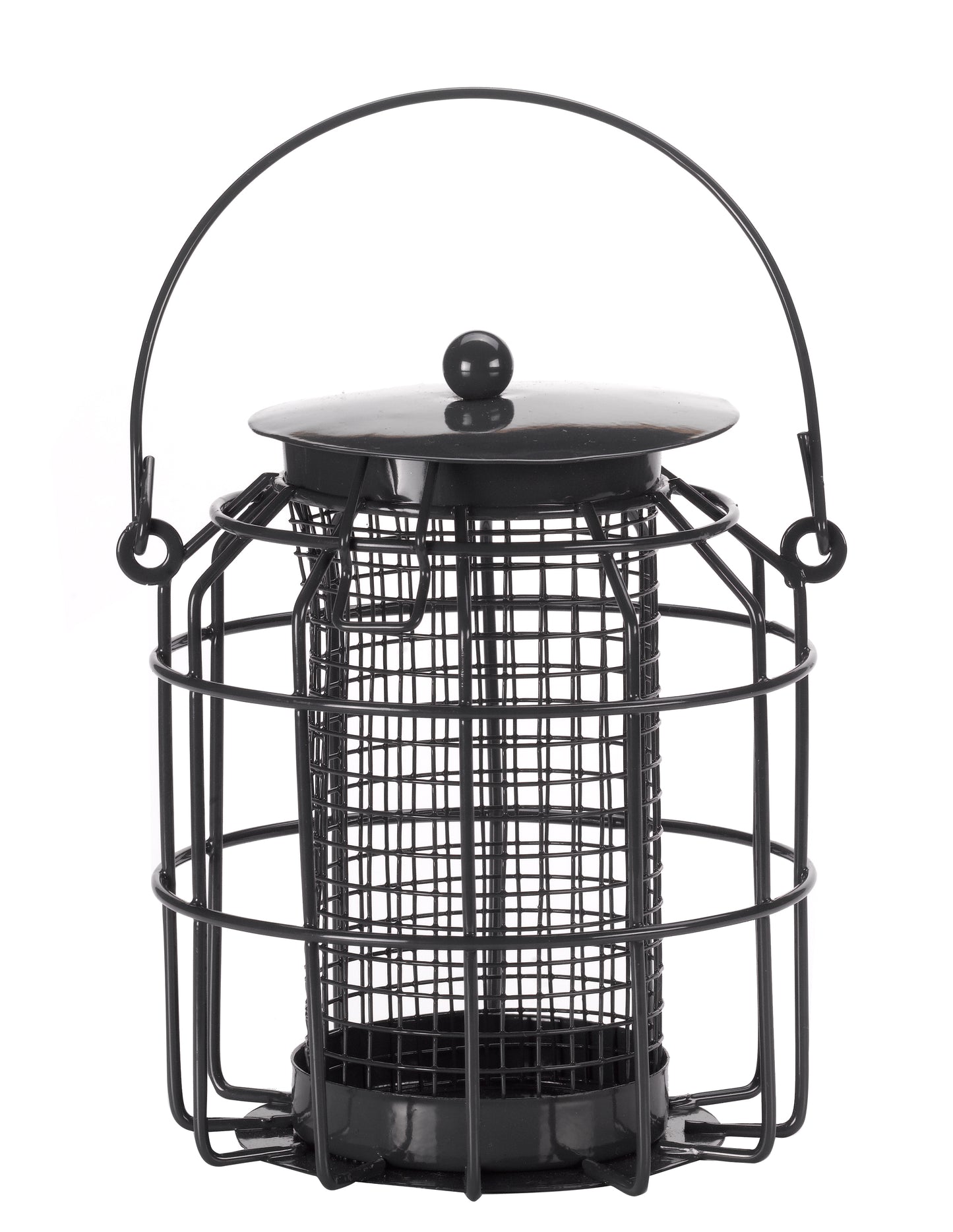 Black metal bird feeder with a cylindrical design on a white background