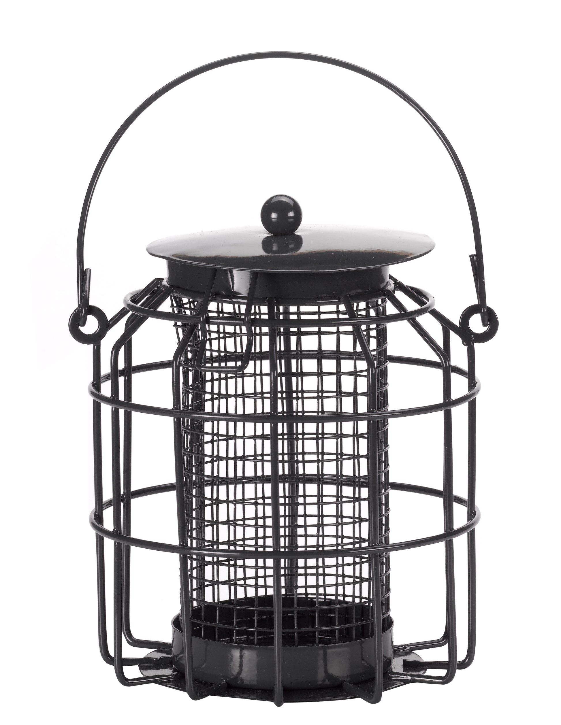 Black metal bird feeder with a cylindrical design on a white background