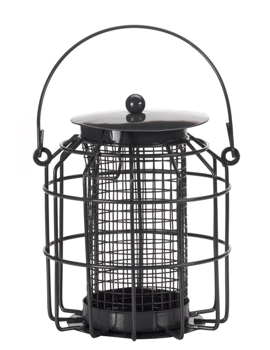Black metal bird feeder with a cylindrical design on a white background