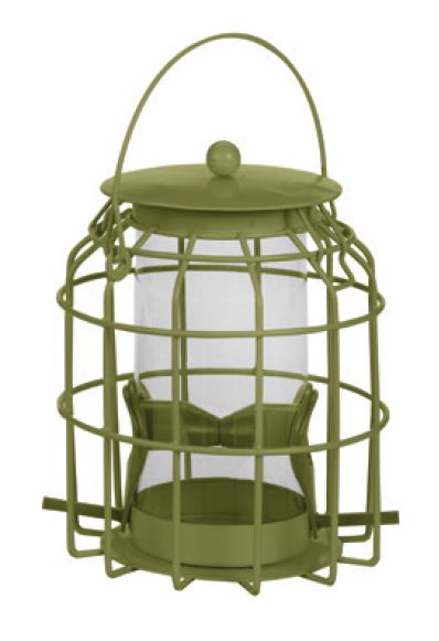 Green bird feeder with a cylindrical cage design on a white background