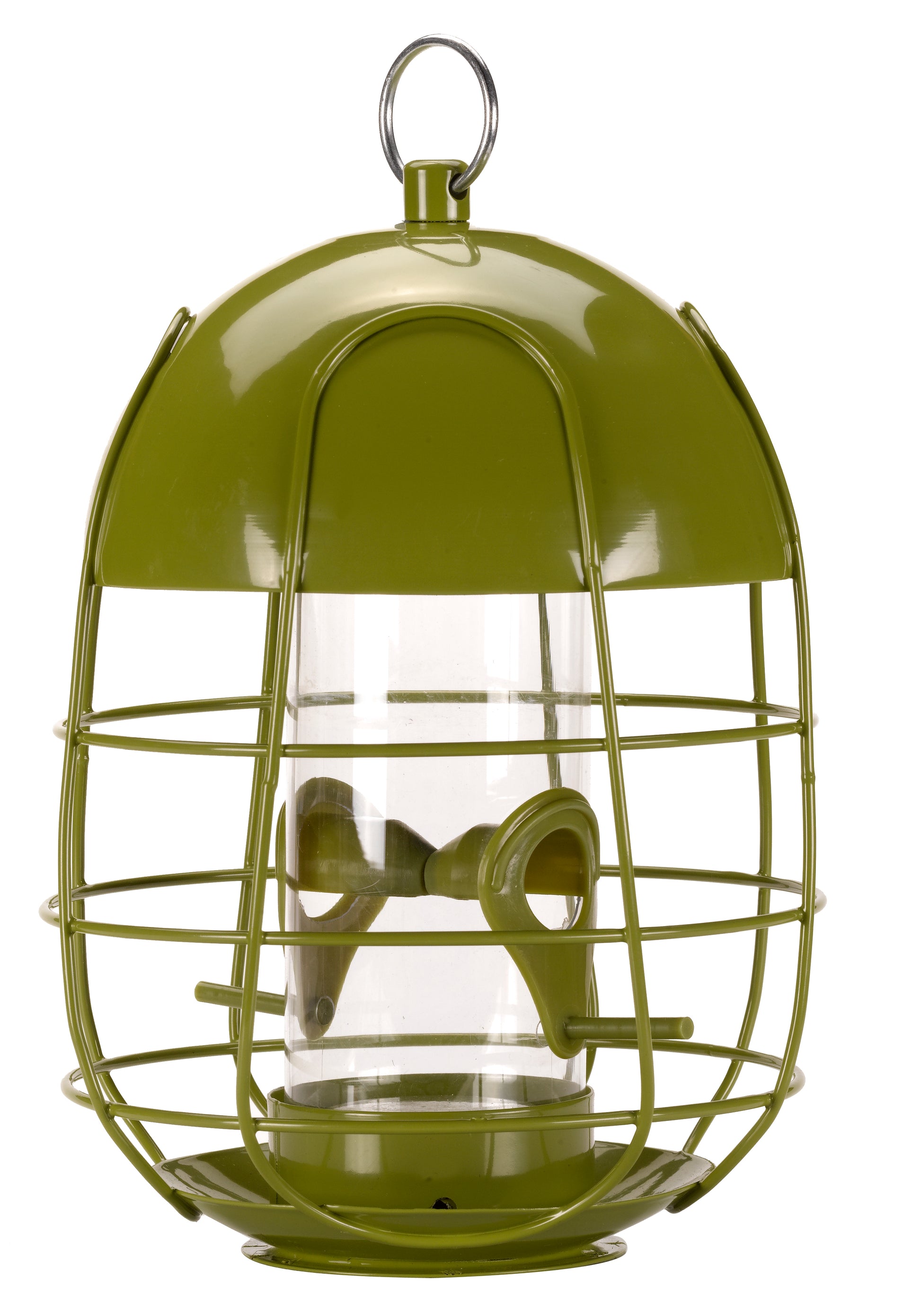 Green bird feeder with clear plastic cover on a white background