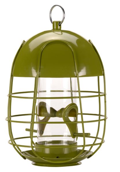 Green bird feeder with clear plastic cover on a white background
