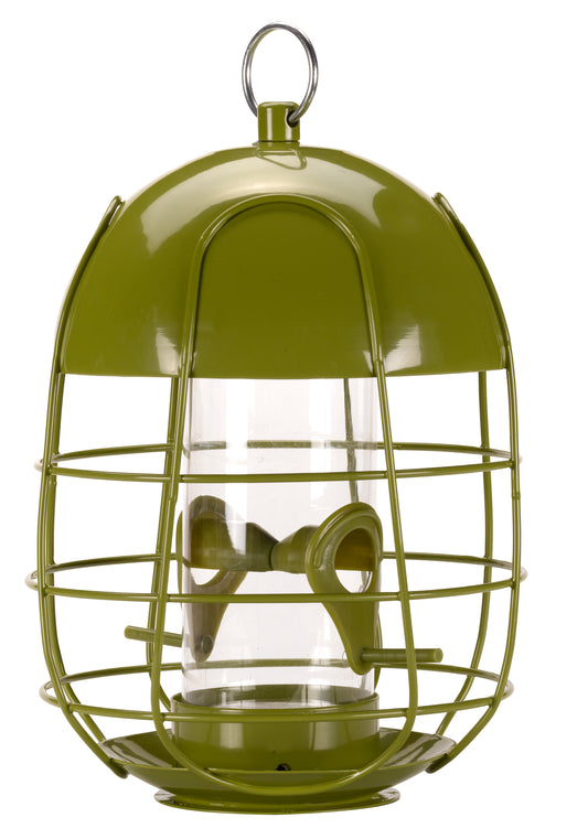 Green bird feeder with clear plastic cover on a white background