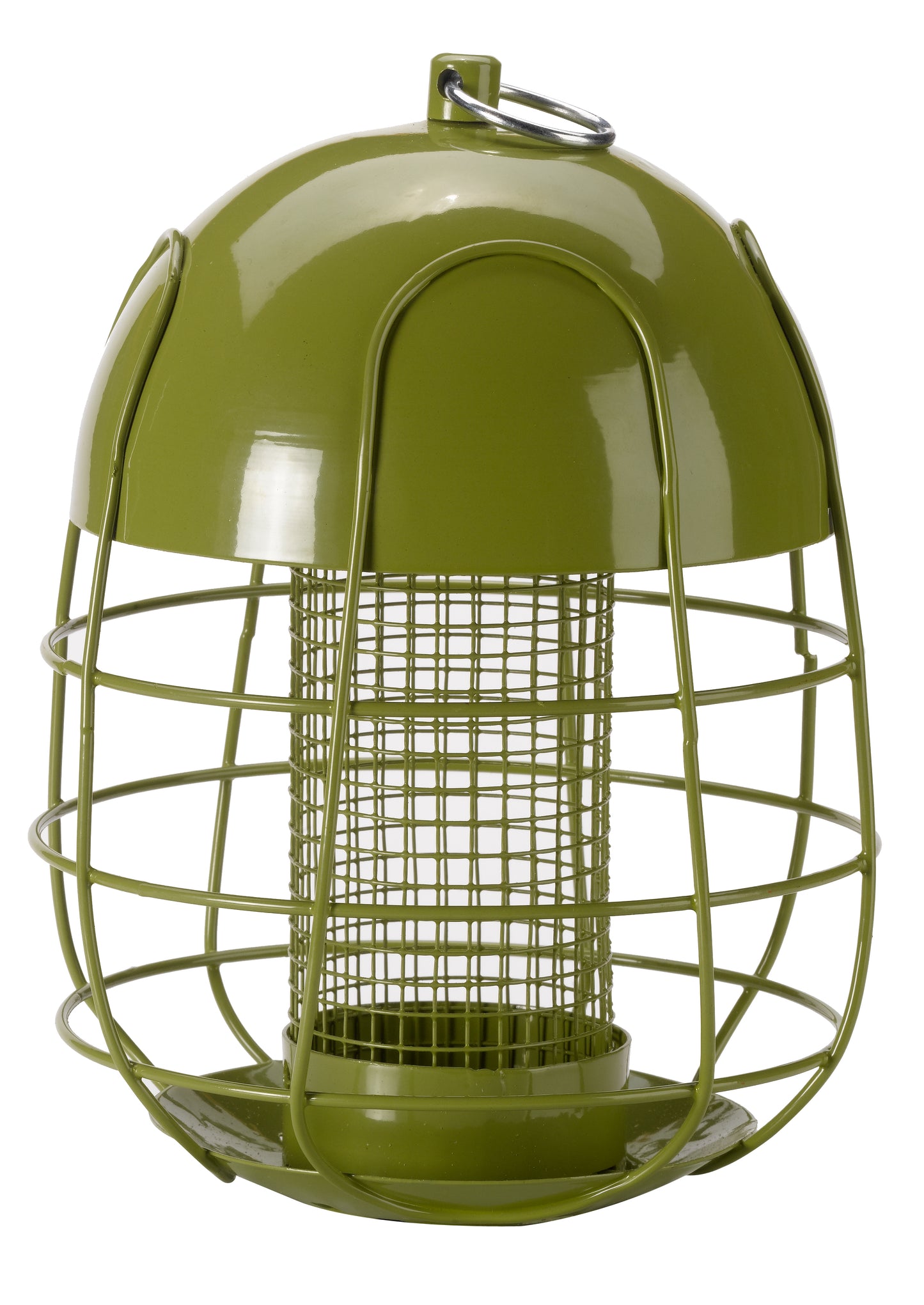 Green bird feeder with wire cage on a white background