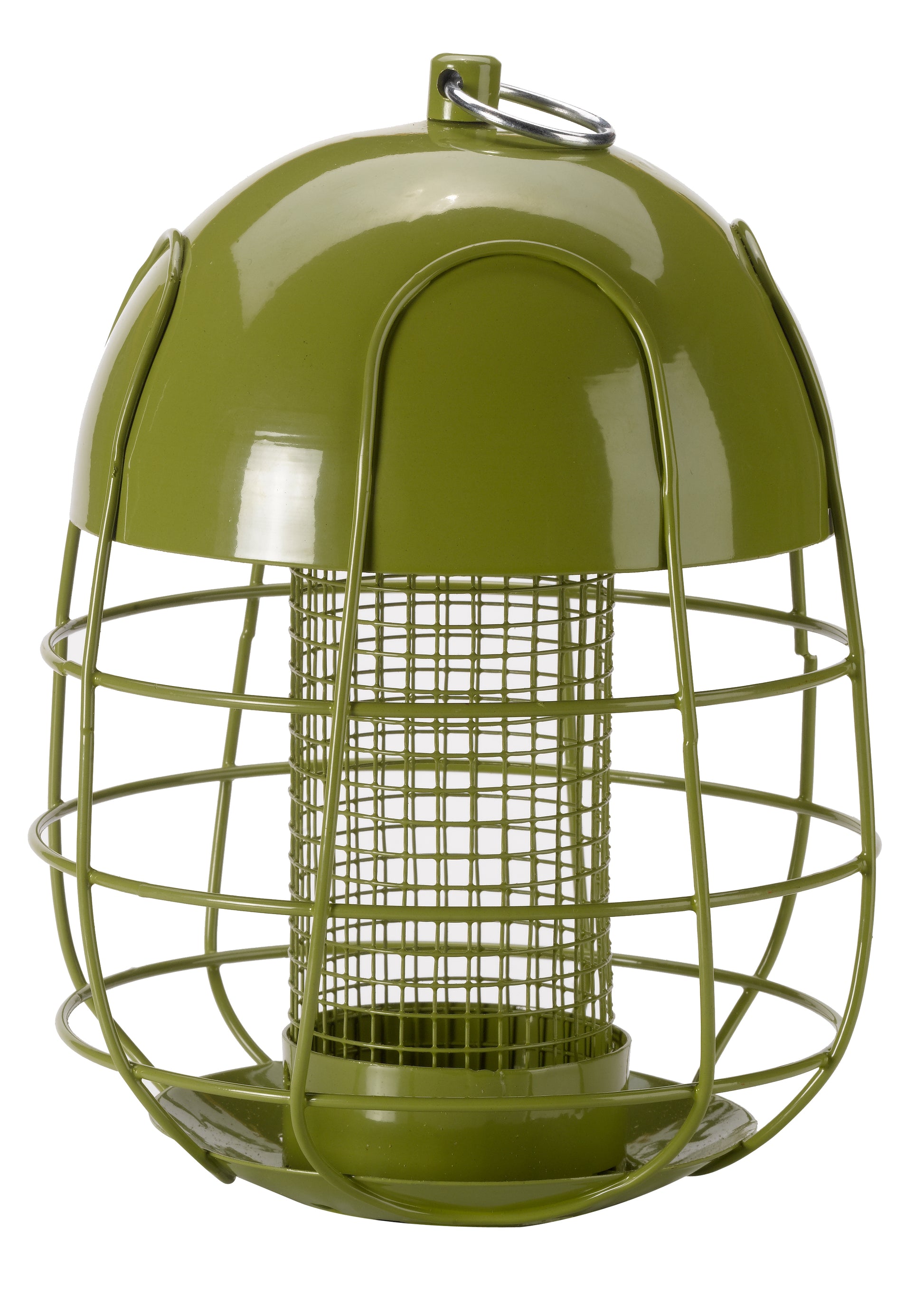 Green bird feeder with wire cage on a white background