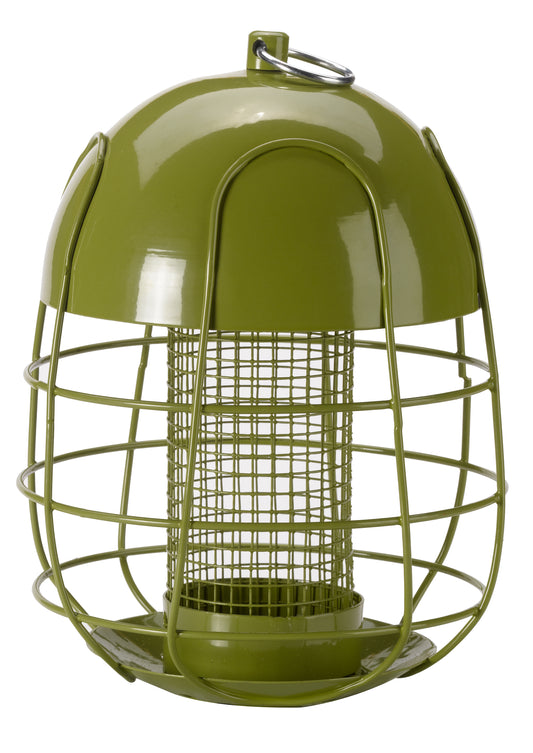 Green bird feeder with wire cage on a white background