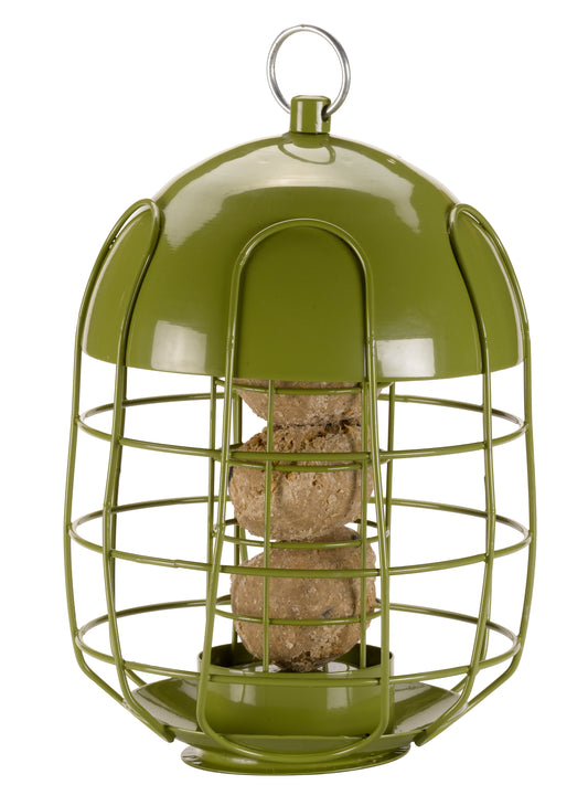 Green bird feeder with a spherical seed container on a white background