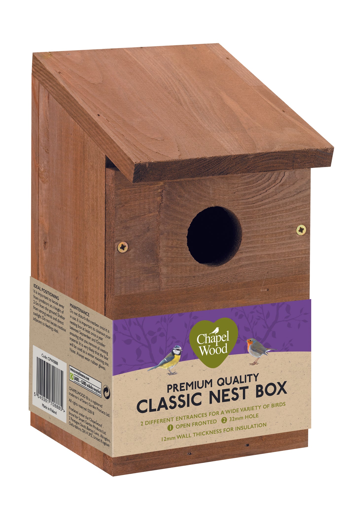 Wooden bird nest box with a label on a white background