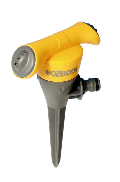 Yellow and gray Hozelock garden sprinkler on a white background