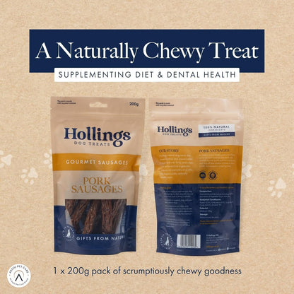 Hollings Gourmet Pork Sausages 200g front and back of packaging on a sandy background