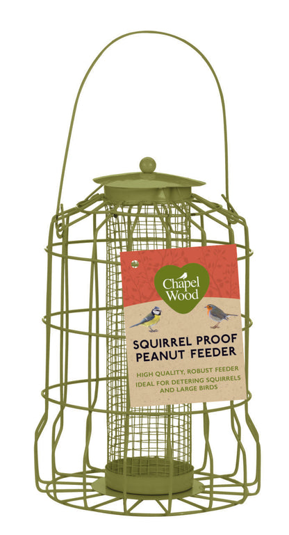 Green squirrel proof peanut feeder with Chapel Wood label on a white background