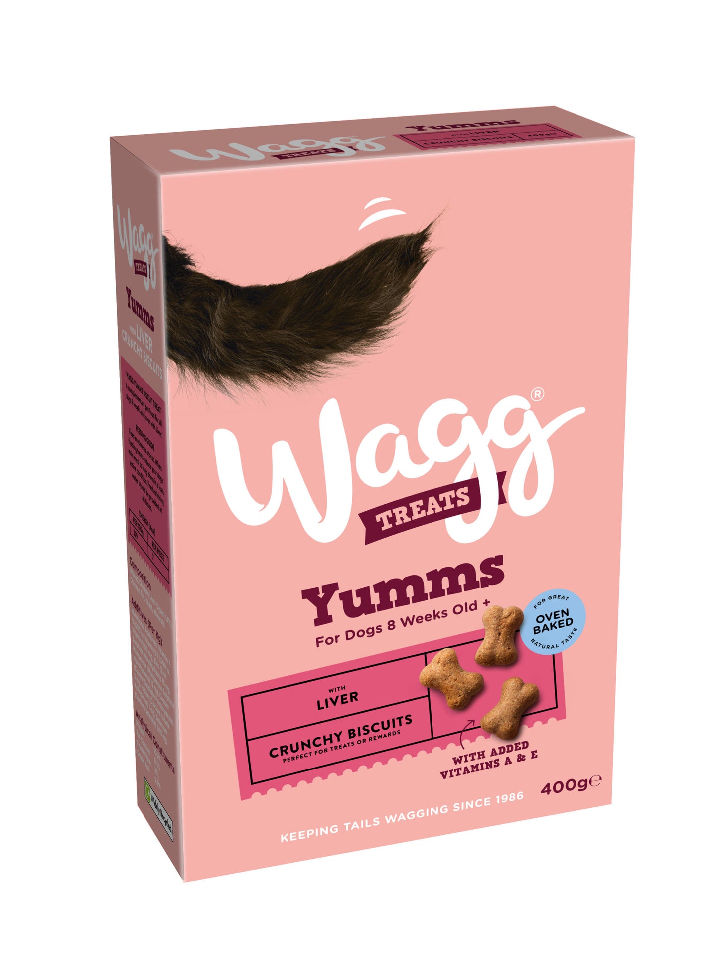 Box of Wagg Yumms dog treats with a pink background