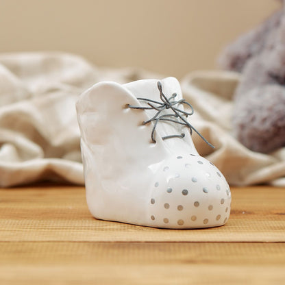 White ceramic baby boot money box or piggy bank | Decorative nursery saving pot with grey polka dots and laces | New baby gift UK