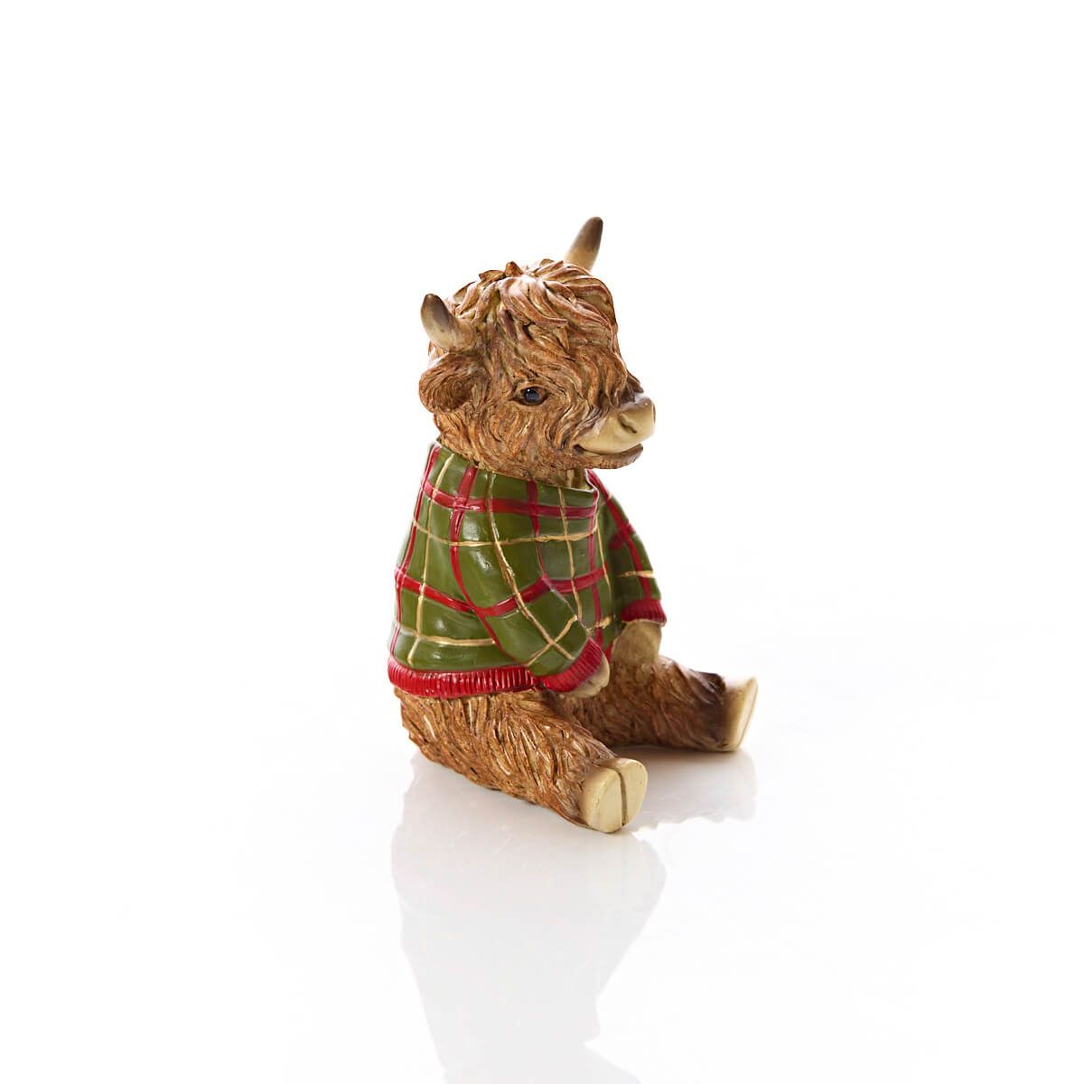 Highland Cow Sitting Figure | Resin decoration wearing a green and red tartan/plaid Christmas jumper | UK seasonal animal ornament
