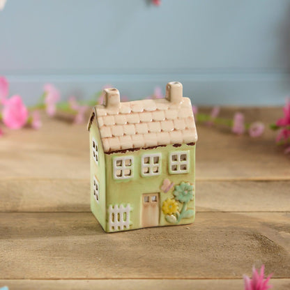 Light green ceramic miniature house tealight holder| Decorative cottage figurine with tan roof and floral detail | UK home or garden décor