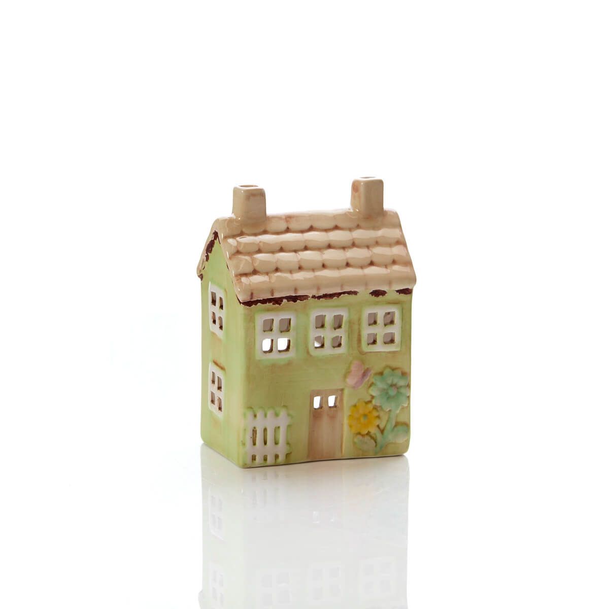 Light green ceramic miniature house tealight holder| Decorative cottage figurine with tan roof and floral detail | UK home or garden décor