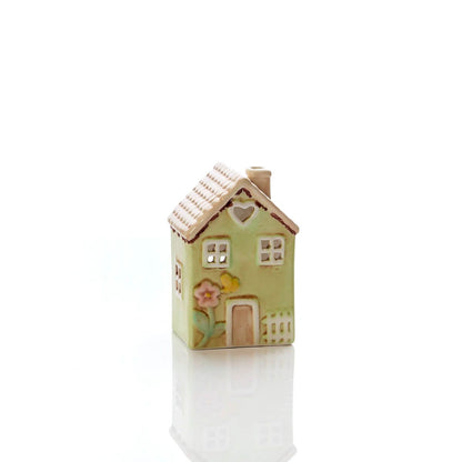 Light green ceramic miniature house ornament | Decorative cottage figurine with tan roof, heart window, and floral detail | UK home or garden décor