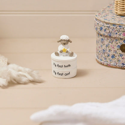 Sheep Figurine Baby Keepsake Box | White storage box for first tooth and first curl with sheep holding a yellow star on top | New baby gift UK