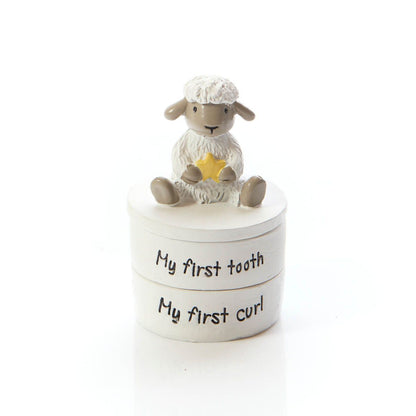 Sheep Figurine Baby Keepsake Box | White storage box for first tooth and first curl with sheep holding a yellow star on top | New baby gift UK
