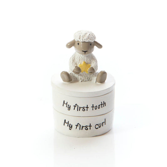 Sheep Figurine Baby Keepsake Box | White storage box for first tooth and first curl with sheep holding a yellow star on top | New baby gift UK