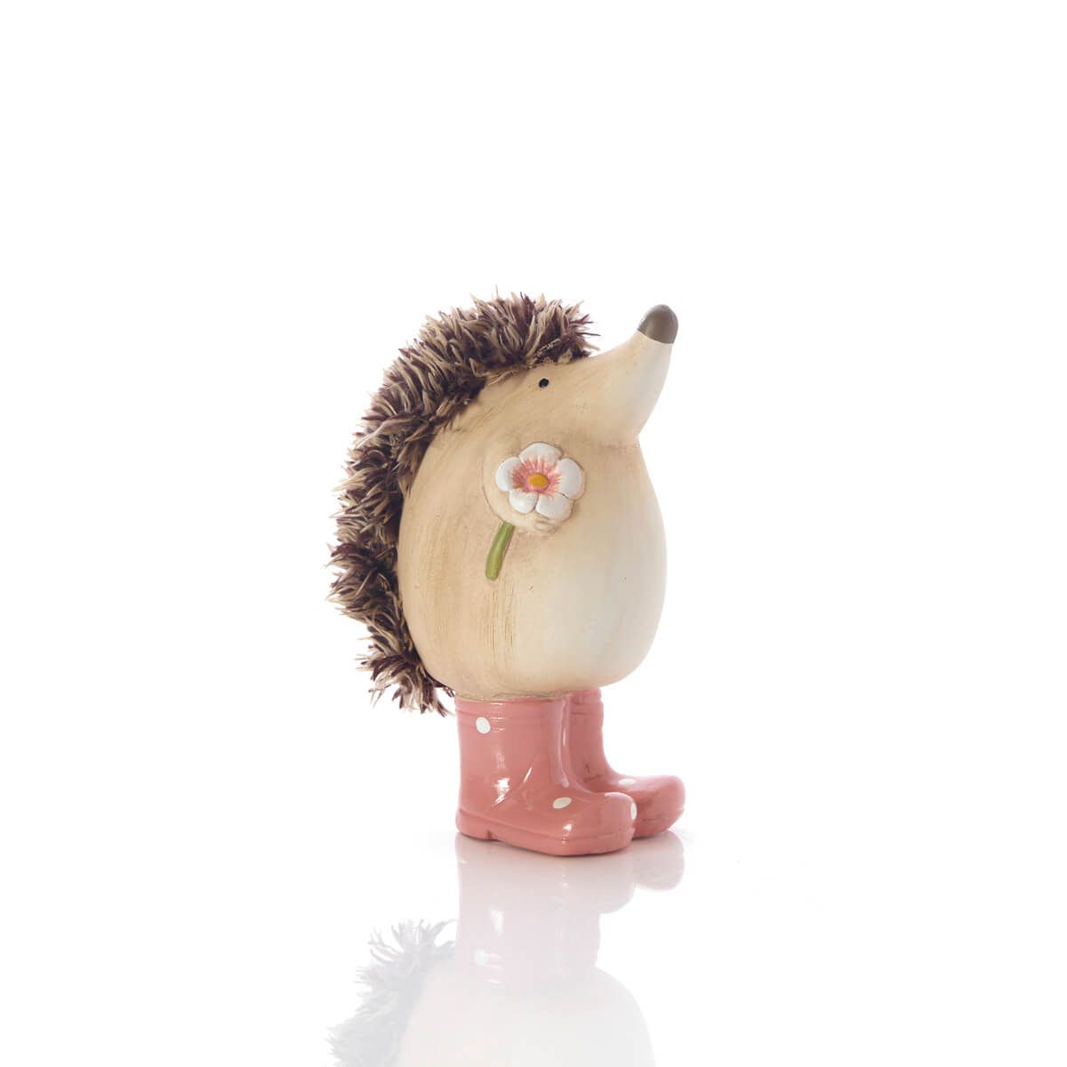 Hedgehog Garden Ornament | Resin animal figure standing in pink spotted wellington boots with a painted flower detail | UK garden décor